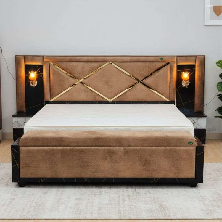 Sand Texture Luxury King Size Bed with Designer Headboard and Storage